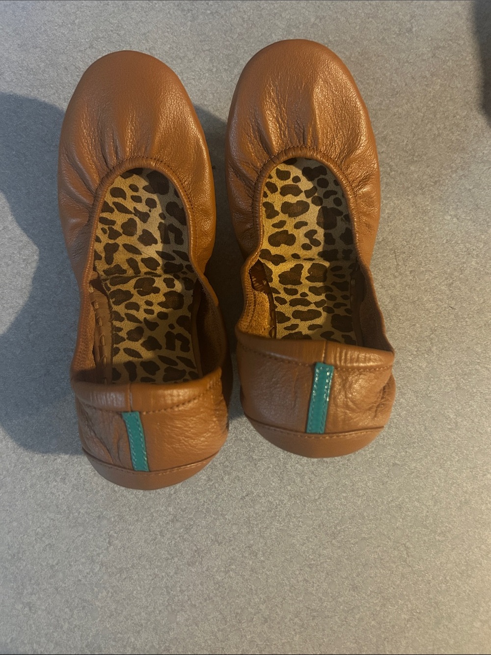 Tieks Brown Leather Ballet Flats with Leopard Insole and Teal Pull Tab